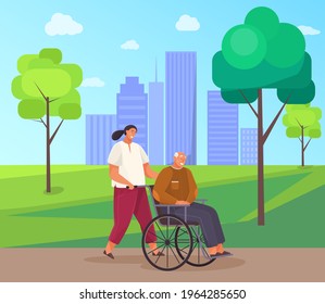 Woman rolls old man in wheelchair. Grandfather walks and sits in disabled carriage in city park. Girl take care of retiree from nursing home. People stroll along walkway with green trees in garden