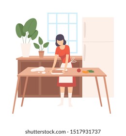 Woman rolls out the dough on the kitchen table. Vector illustration.