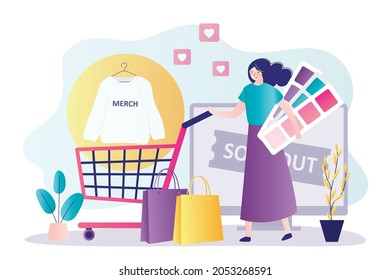 Una mujer roba un carrito de compras. Personaje femenino compra merch en una tienda online. Niña sostiene paletas con varios matices. Concepto de mercadeo. Productos de mercancía personalizados.Ilustración vectorial