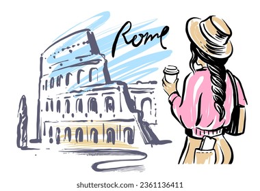 mujer en el vector de Roma. Coliseo en Italia.