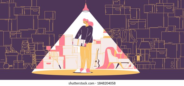 Woman in room full of boxes and products concept illustration. Obsessive compulsive disorder collecting things