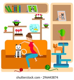 The woman in the room on the couch, surrounded by cats. Shelves on the background of flowers, books and pictures, cat house. Vector Illustration