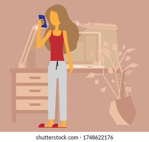 woman in room with phone in her hand. vector character illustration. girl watching something in phone