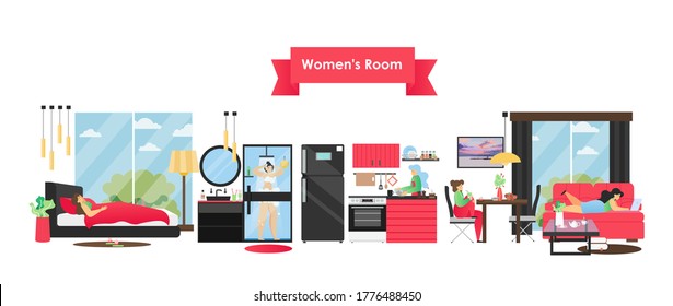 Escaparate de mujer, ilustración plana vectorial. Interior en casa con cocina, salón, dormitorio, baño, muebles y accesorios de comedor y personajes de dibujos animados femeninos. Moderno y acogedor interior.