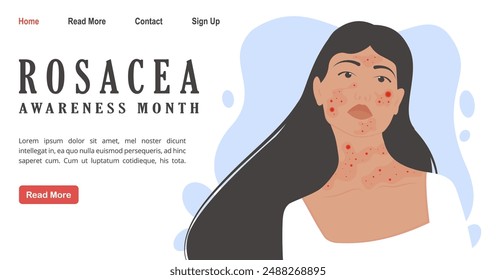 Woman with rosacea, psoriasis skin disease banner. April is Rosacea Awareness Month background template