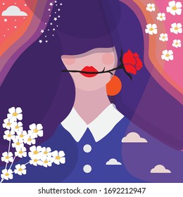 Woman with rose flower vector illustration. Woman with colorfull background. Rose flower and lily flower. Background vector.