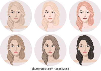 Woman round avatars isolated on white background. Different make up and hair colors..