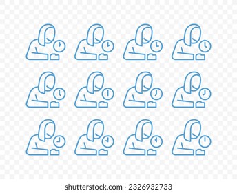 Woman and round clock with arrow vector icons collection. Outline person and horizontal analog clock, notifying each hour icons set