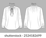 Woman round neck blouse with gathering detail fashion CAD, long sleeved basic shirt with bow sketch, technical drawing, flat, template. Jersey or woven fabric blouse with front, back view, white color