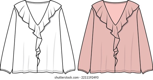 Cañón redondo de la mujer con la moda de los detalles de la recolección CAD, la parte superior de la manga de globo largo con el esbozo del arco, dibujo técnico, plano, plantilla. Blusa de tela en Jersey o trenzada con vista frontal, trasera, color blanco