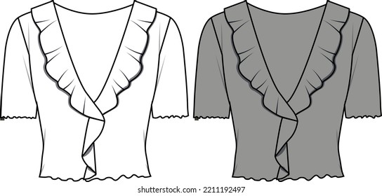 Cañón redondo de la mujer con la moda de los detalles de la recolección CAD, la parte superior de la manga de globo largo con el esbozo del arco, dibujo técnico, plano, plantilla. Blusa de tela en Jersey o trenzada con vista frontal, trasera, color blanco