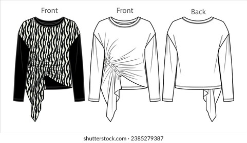 Woman round neck blouse with gathering detail fashion CAD, long sleeved top with zebra print sketch, technical drawing,flat, template. Jersey and woven fabric blouse with front, back view, white color