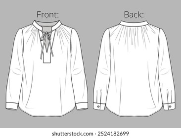 Woman round neck blouse with gathering detail fashion CAD, long sleeved basic shirt with bow sketch, technical drawing, flat, template. Jersey or woven fabric blouse with front, back view, white color