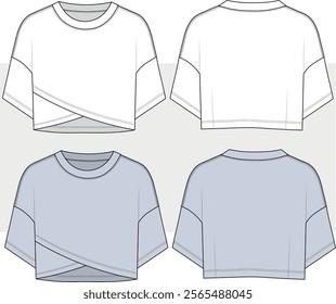 woman round neck top t shirt with asymmetric hem technical drawing, template, flat, sketch, illustration front and back view.