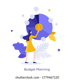 Woman And Round Pie Chart With Dollar Coin And Indication Of Expenses Or Spendings. Concept Of Service Or Application For Personal Budget Planning, Financial Planner. Modern Flat Vector Illustration.