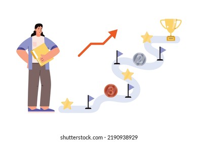 Woman with route map to achieve success and goal, flat cartoon vector illustration isolated on white background. Concept of achieve a goal and getting reward prize