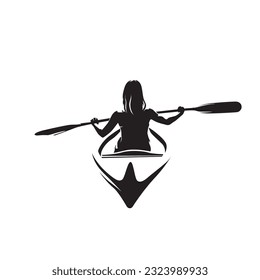 Woman rowing a boat, isolated vector silhouette, ink drawing. Watter activity