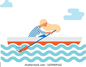 Woman rowing boat. Vector illustration