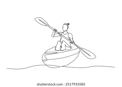 Mulher remo canoa contínua um desenho de linha. Paddle kayak em ilustração de arte de linha única. Vetor editável.  