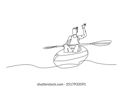 Mulher remo canoa contínua um desenho de linha. Paddle kayak em ilustração de arte de linha única. Vetor editável.  