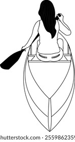 Woman rowing canoe on lake or river minimalist line art. Kayak, Kayaking adventure. Illustration, vector. Black and white