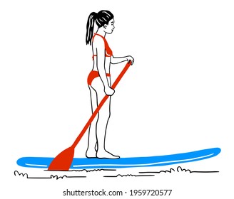 A woman rowing on a soup board. A young woman rides a surfboard with a paddle. The concept of summer water sports and recreation. Linear vector illustration. doodle. sketch