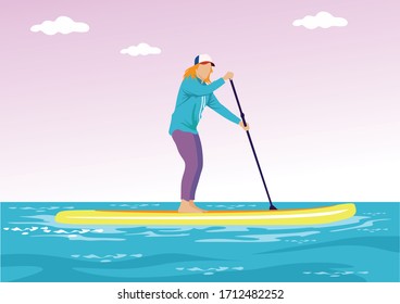 Mujer remando en el lomo del mar para ilustración y fondo