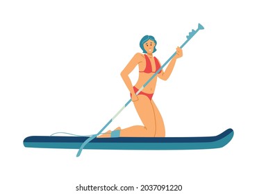 Woman rowing with paddle standing on her knees on paddle board, flat cartoon vector illustration isolated on white background. Paddle boarding and SUP paddling.