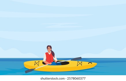 Woman rowing with paddles in kayak, side view. Girl in life jacket rafting in sport boat with oars. Extreme water activity.