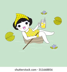 Woman Rowing The Row Boat Along River To Pick Lotus Flower