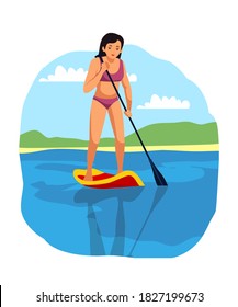 Woman rowing standing on sup board, extreme sport adventure. Girl in water on surfer board in summer. Outdoor risky recreation and exercise vector illustration. Healthy lifestyle in nature.