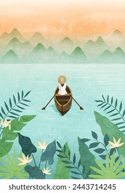 A woman rows with oars while sitting in a boat. Peaceful river, surrounded by lush greenery beauty nature. Tranquil sunset, Mountain landscape. Spring, summer concept. Flat vector illustration.