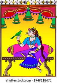 a woman from a Royal family drawn in kalamkari Style,  Indian folk art. It can be used for a coloring book, textile fabric prints, phone case, greeting card. logo, calendar