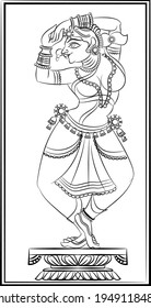a woman from a Royal family drawn in kalamkari Style,  Indian folk art. It can be used for a coloring book, textile fabric prints, phone case, greeting card. logo, calendar