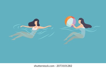 Woman Rubber Ball Floating in Blue Sea Water Vector Set
