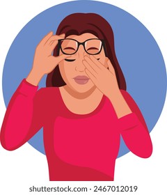 
Woman Rubbing her Eyes Lifting Eyeglasses Vector Illustration. Eye-care patient feeling tired and exhausted 
