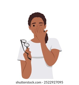 Mulher esfregando e limpando os olhos e segurando óculos. Ilustração de vetor plano isolada no plano de fundo branco