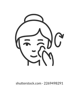 Woman rubs cream over her face in circular motions, linear icon. Line with editable stroke