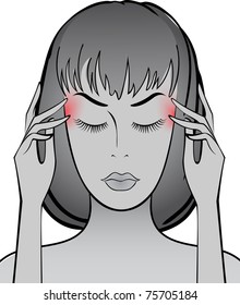 Woman rubs temples with your fingers for a headache