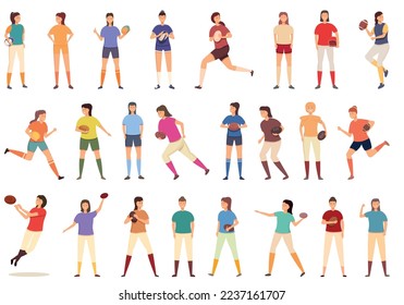 Woman Rugby Player icons set cartoon vector. Football girl. Sport team