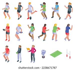 Woman Rugby Player icons set isometric vector. Team sport. Football girl