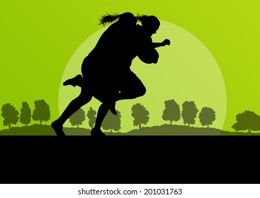 Woman rugby silhouette in countryside nature background illustration vector