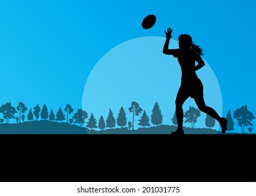 Woman rugby silhouette in countryside nature background illustration vector