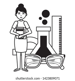 woman ruler test tube protractor glasses book teacher day vector illustration