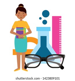 woman ruler test tube protractor glasses book teacher day vector illustration