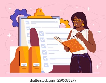 Woman with rules of work. Young girl putting marks in notepad. Productivity and business performance. Organizing efficient workflow and planning. Flat vector illustration isolated on pink background