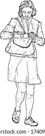 A woman rummaging through her handbag. Hand drawn vector illustration.
