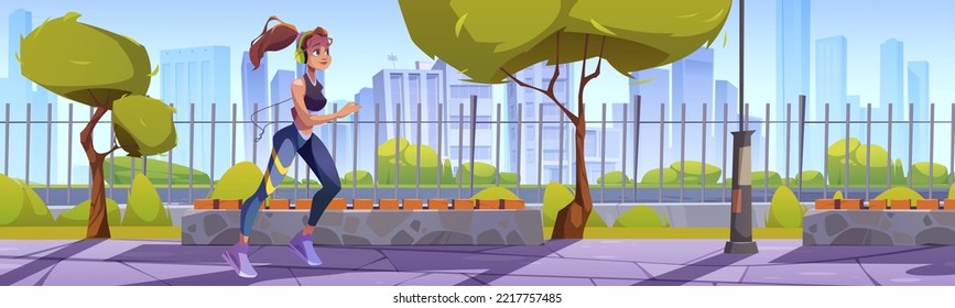 Woman run along street with metal fence, trees and benches on summer cityscape background. Fit girl in headset gain sports jogging activity in park, healthy lifestyle, Cartoon vector illustration