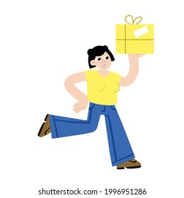 Woman run with box. Delivery service. Female character in yellow clothes. Courier with gift. Flat cartoon illustration isolated on white