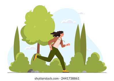 Woman run in city park. Young girl with healthy and active lifestyle. Marathon runner and sprinter. Fitness and cardio workout outdoors. Cartoon flat vector illustration isolated on white background